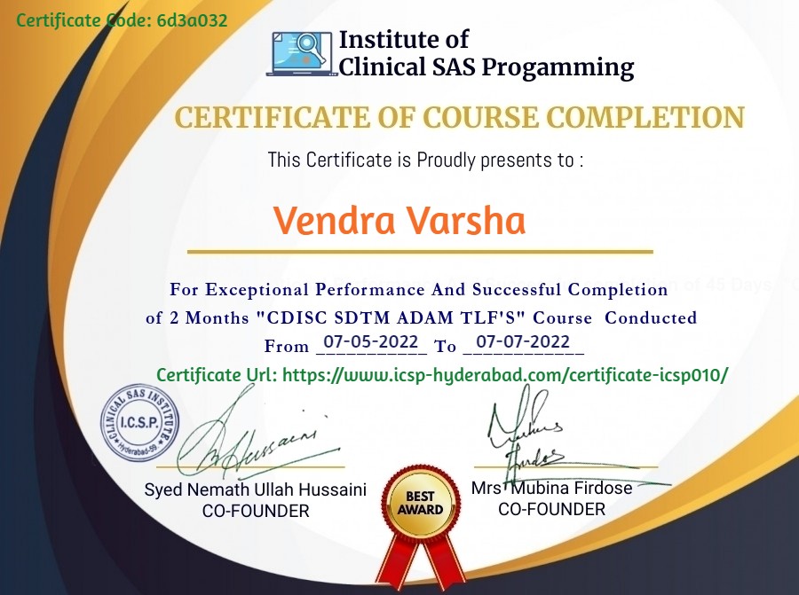 CDISC Certificate Varsha